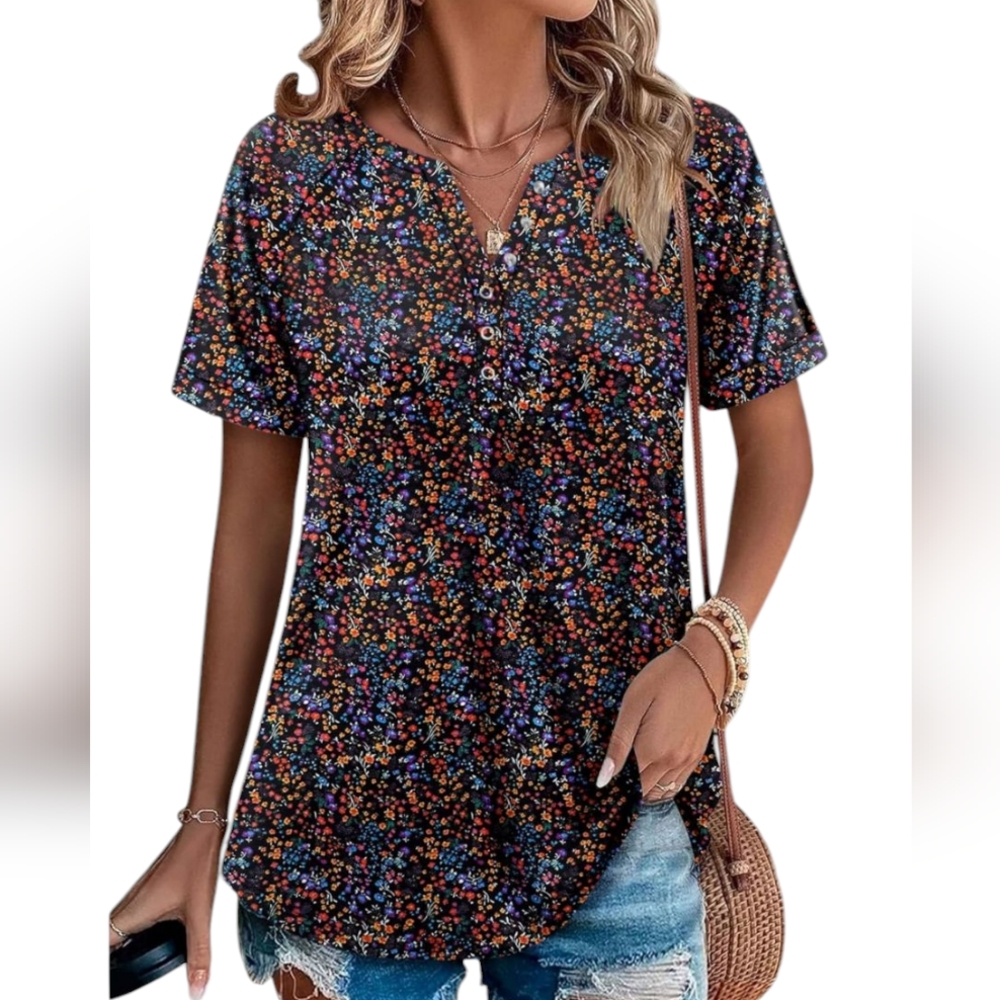 🆕 Women's Black & Rainbow Colors Floral Print Short Sleeve Blouse
